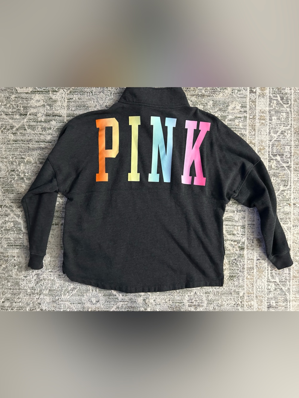 PINK VS Women's Black Quarter-Zip Pullover Sweater with Embroidered Accen